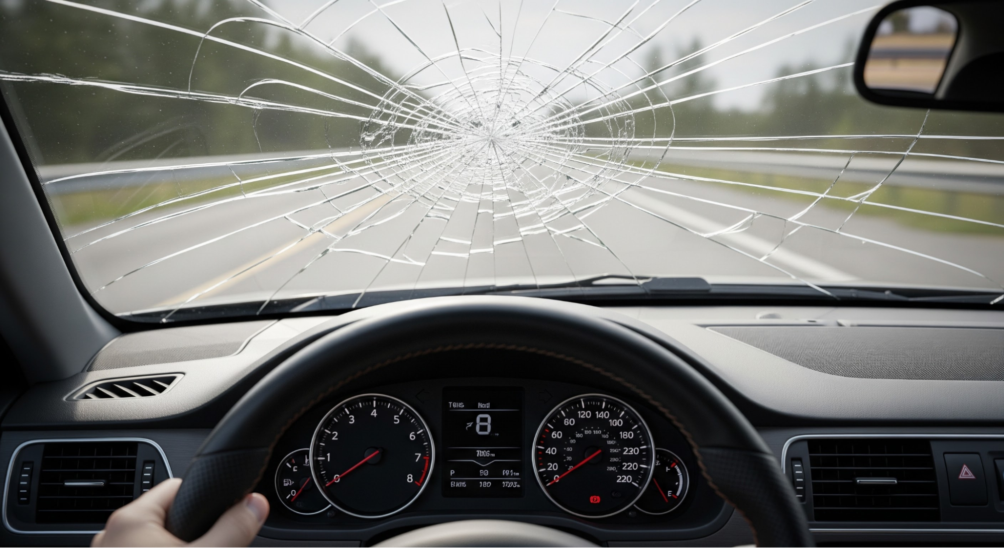 Severely cracked windshield from the driver's view
