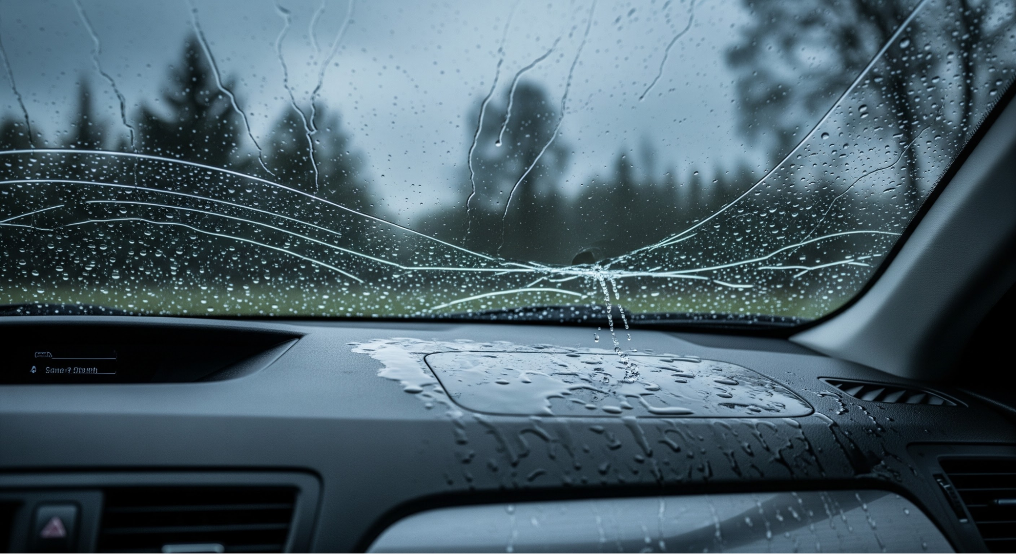 Cracked windshield with rainy view