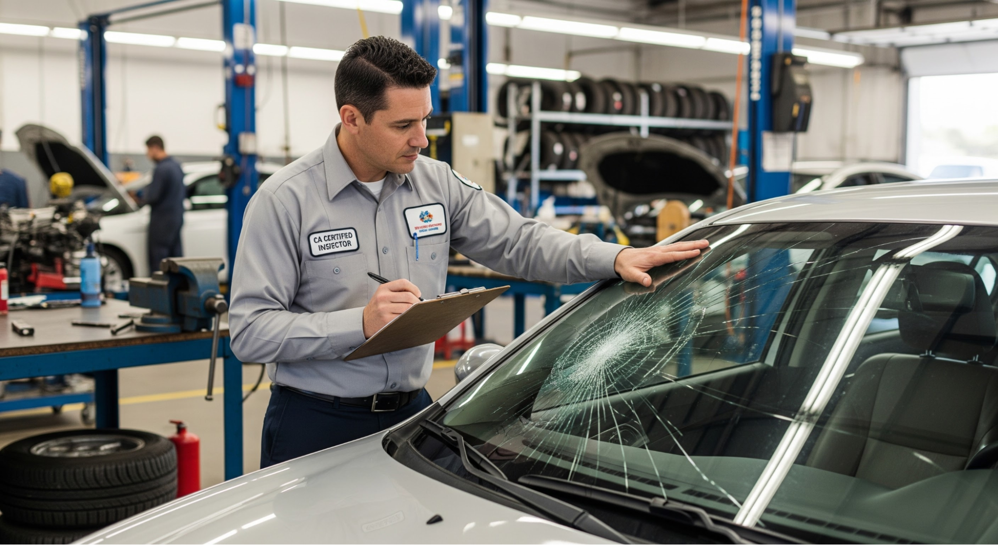 Mechanic inspecting a cracked car windshield
