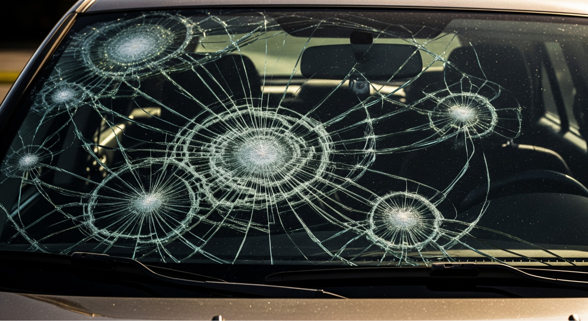 Shattered windshield with multiple cracks
