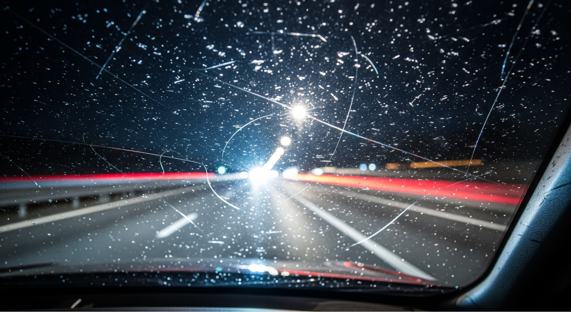 Broken windshield during night driving