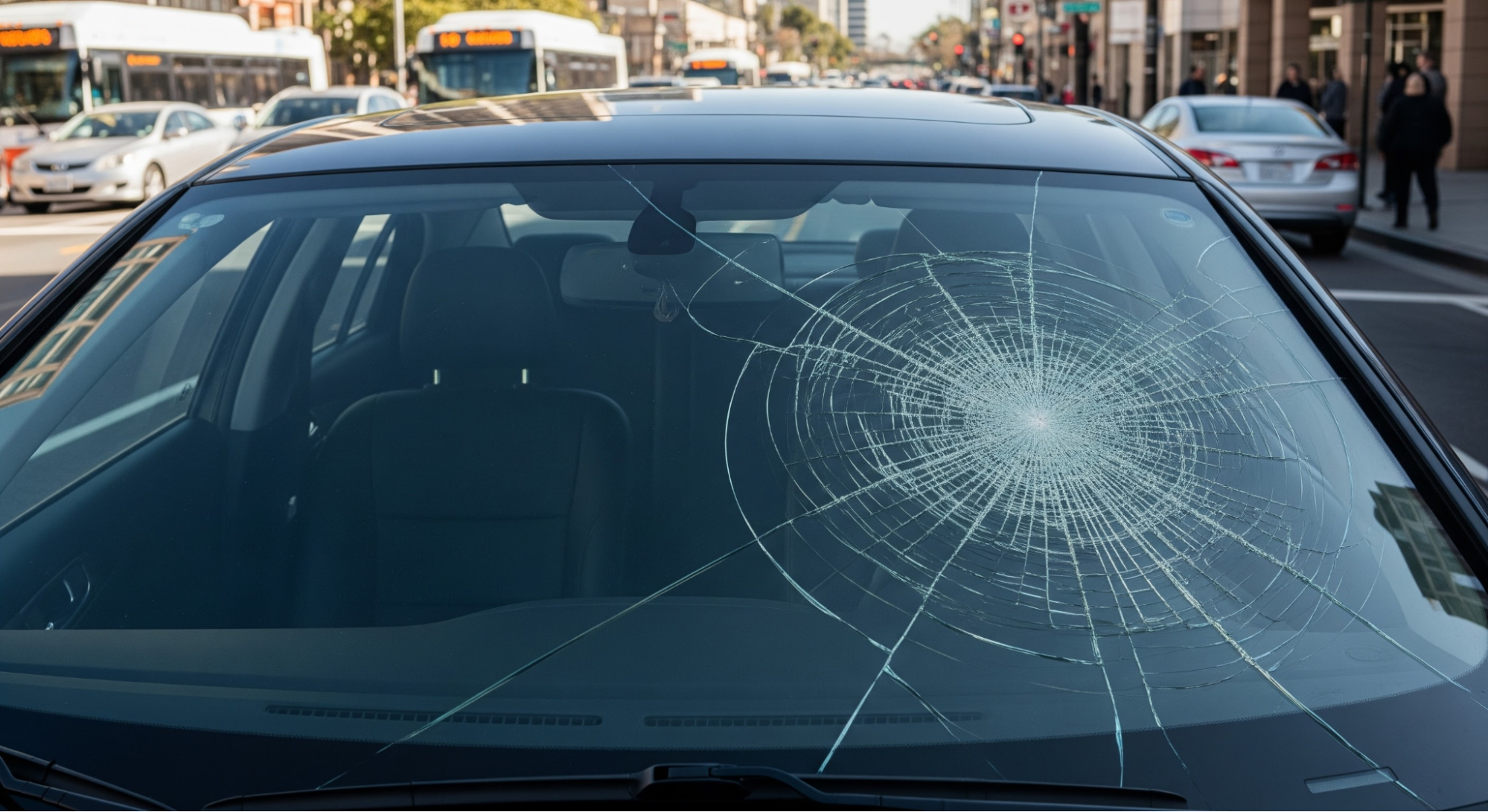 A car with a cracked windshield