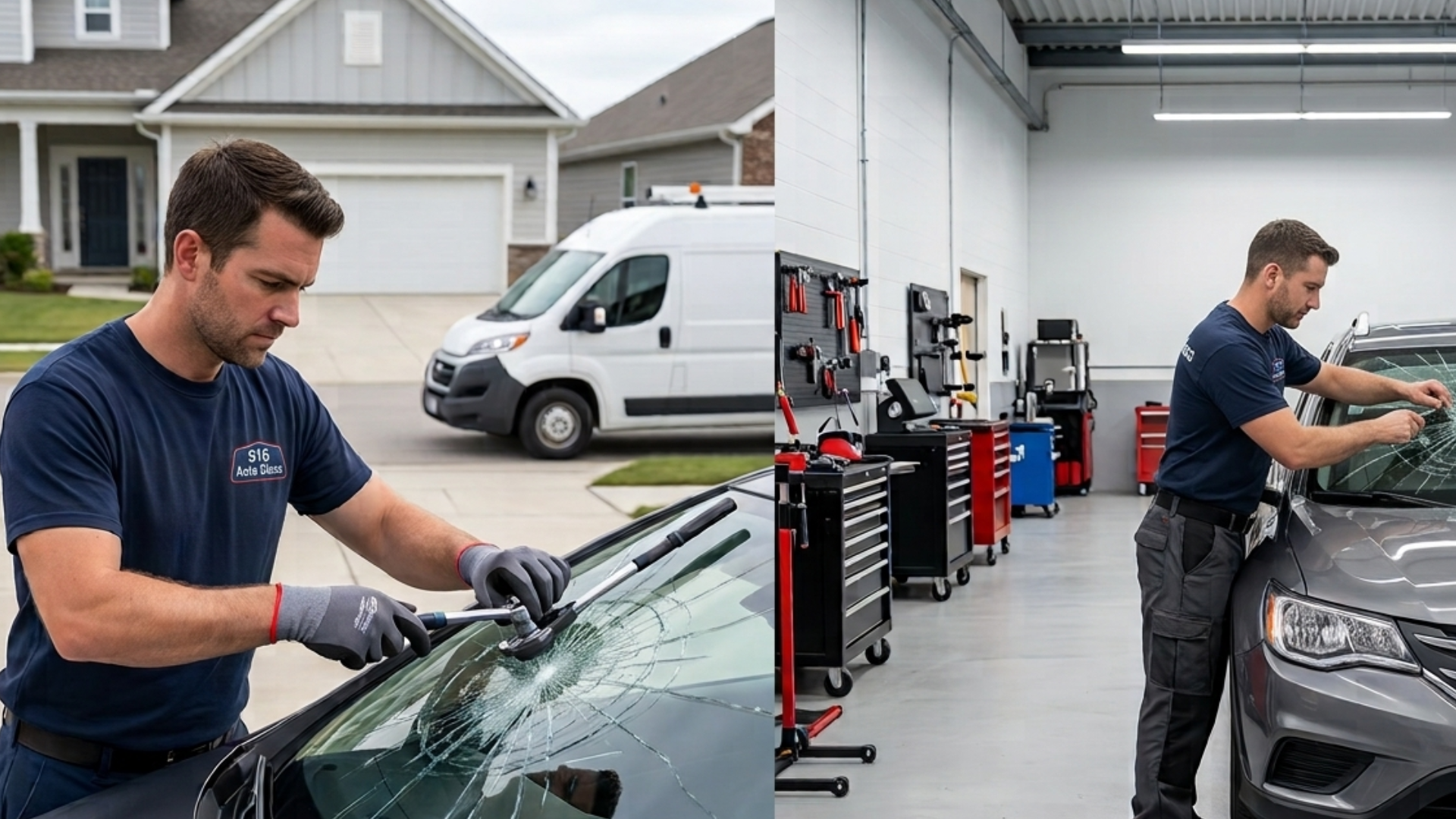 Side-by-side view of mobile and shop-based windshield repair processes