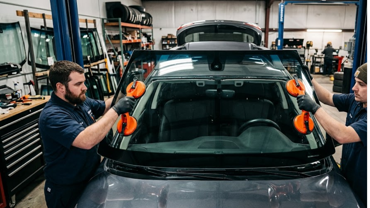 Two technicians using suction cup handles to lower a new windshield onto the adhesive bed of an SUV.