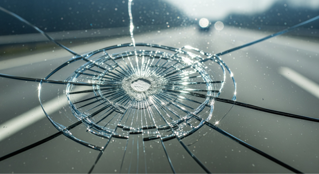 Shattered windshield with circular impact crack