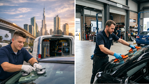 In-shop windshield repair versus mobile auto glass replacement service.