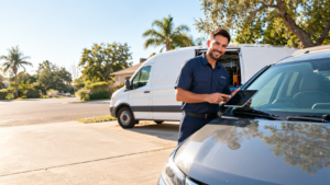 Auto glass technician holding a tablet beside a car with a newly replaced windshield, with a white mobile service van parked in a sunny suburban driveway.